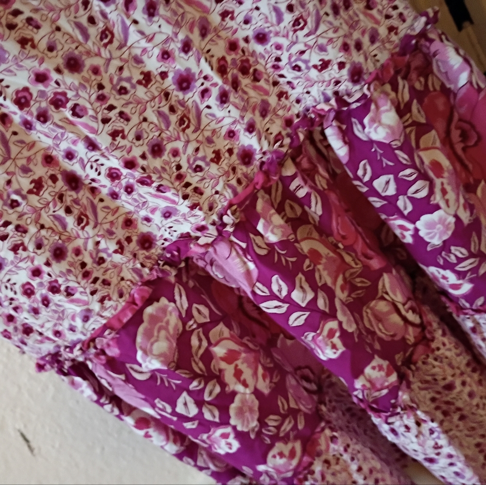 Free People Floral Pink Long Maxi Skirt S 4 6 Tiered Ruffle Boho - Picture 9 of 9
